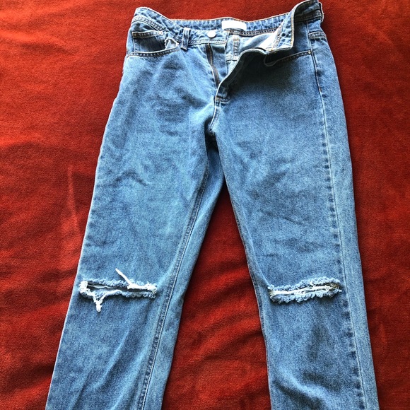 OAK + FORT Denim - High Waisted Straight Leg Distressed Jeans